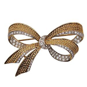 D'Orlan Signed Vtg Brooch Ribbon Bow Swarovski Crystals Pave 22k Triple Plated